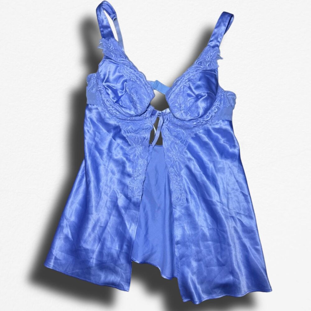 Frederick's of Hollywood Royal Blue Satin Lace Flyaway Babydoll Cami - Size S